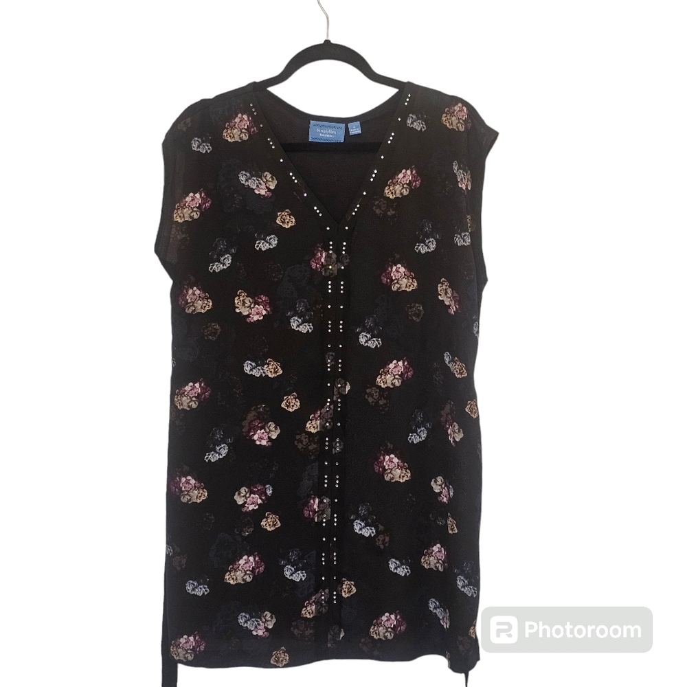 Simply Vera VeraWang women's black floral print sleeveless blouse size large